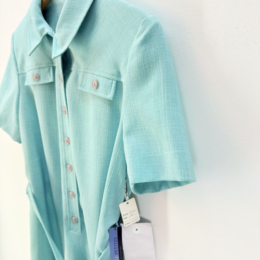 Henry Lee Dress Vintage Size 8P Aqua Blue Short Sleeve Midi Sheath Belted - Picture 7 of 13